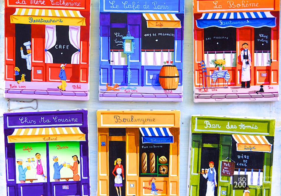 Six paintings of shop fronts for sale, Place du Tertre, Monmartre, Paris, France