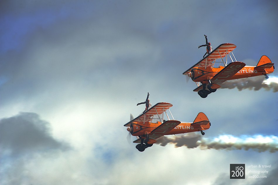 The Aerostar wing-walkers fly by at the 2011 Museum of Flight airshow, East Fortune, Scotland.