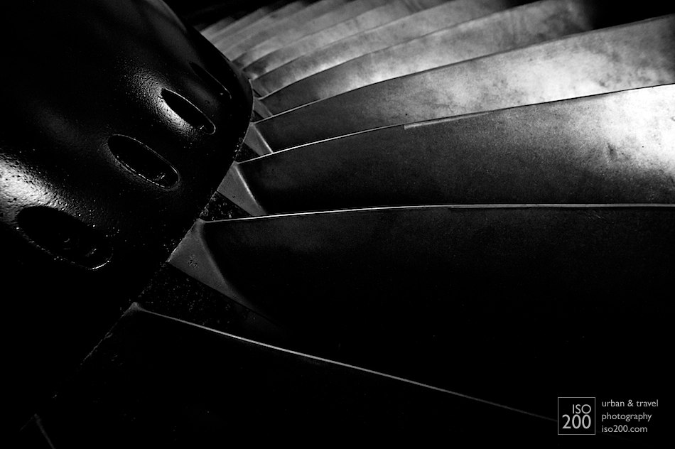 Detail of the fan blades on a General Electric CF6 high-bypass turbofan jet engine at the Museum of Flight, East Fortune, East Lothian. 