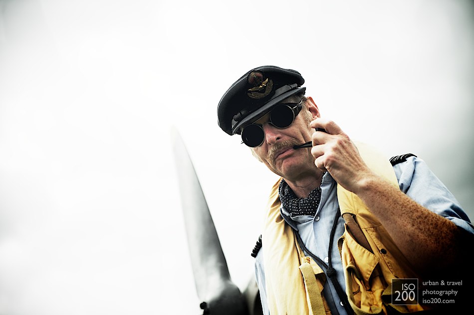 Photo of an old-style RAF pilot with moustache and pipe, 2010 National Museum of Scotland airshow at the Museum of Flight, East Fortune, East Lothian, Scotland.
