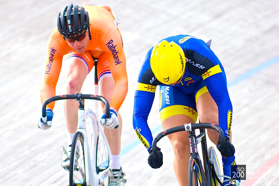 Itmar Esteban Herraiz - riding for Catalonia - beats Dutch rider Yondi Schmidt in a sprint at an international track cycling meet at the Meadowbank Velodrome in Edinburgh.