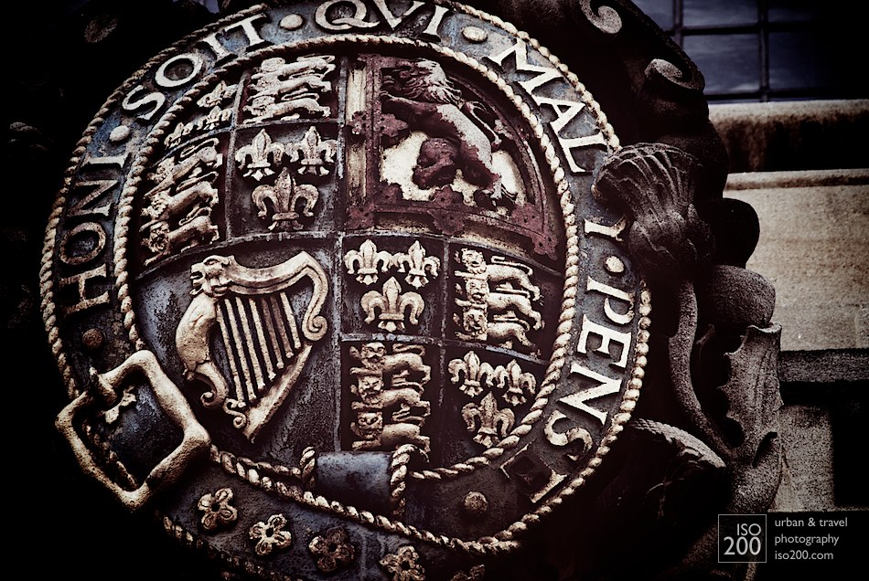 Royal coat of arms from outside Christopher Wren's Sheldonian Theatre, Broad Street, Oxford, England.