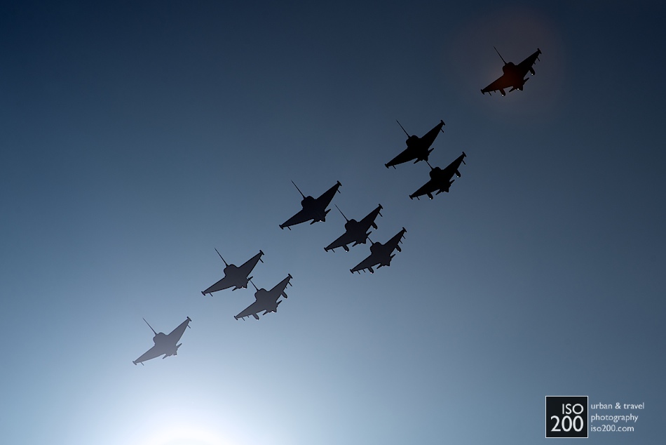 9 Eurofighers in a diamond formation flypast at the end of the 2012 Diamond Jubilee Airshow at RAF Leuchars, Fife.