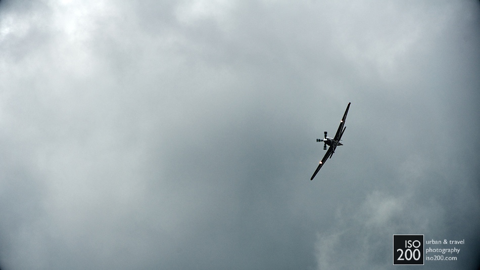 
A Tucano displays against ominous skies, 2011 Leuchars Air Show. The pilot (Flight Lieutenant Dan Hayes) 'described conditions as awful'.