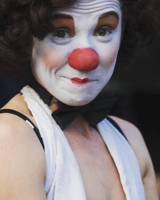 
Portrait of a clown on the Royal Mile during the Edinburgh Fringe Festival.
