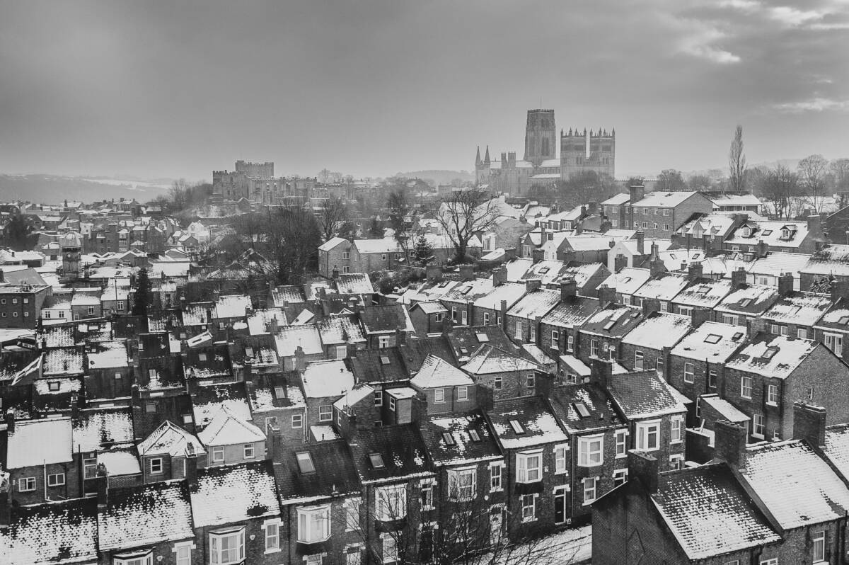 Durham covered in snow from the Railway Station.
