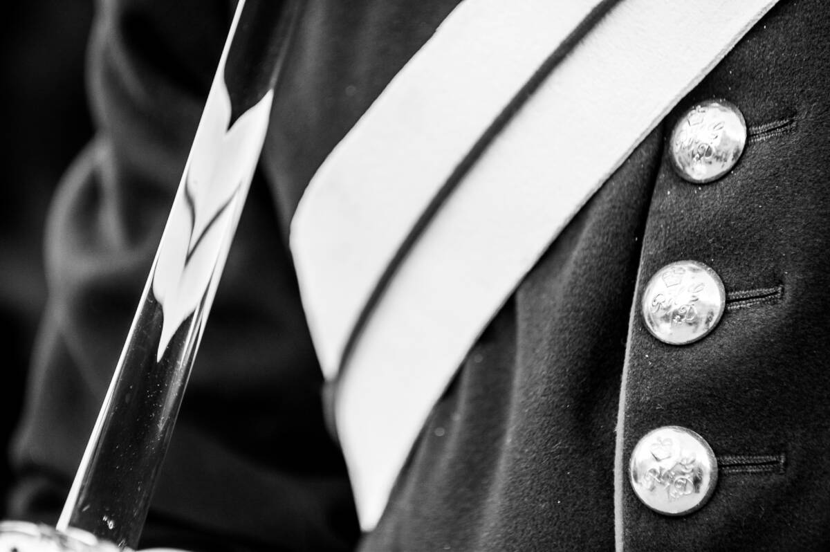 Uniform detail from a mounted guardsman on Horse Guards Parade, London, England.
