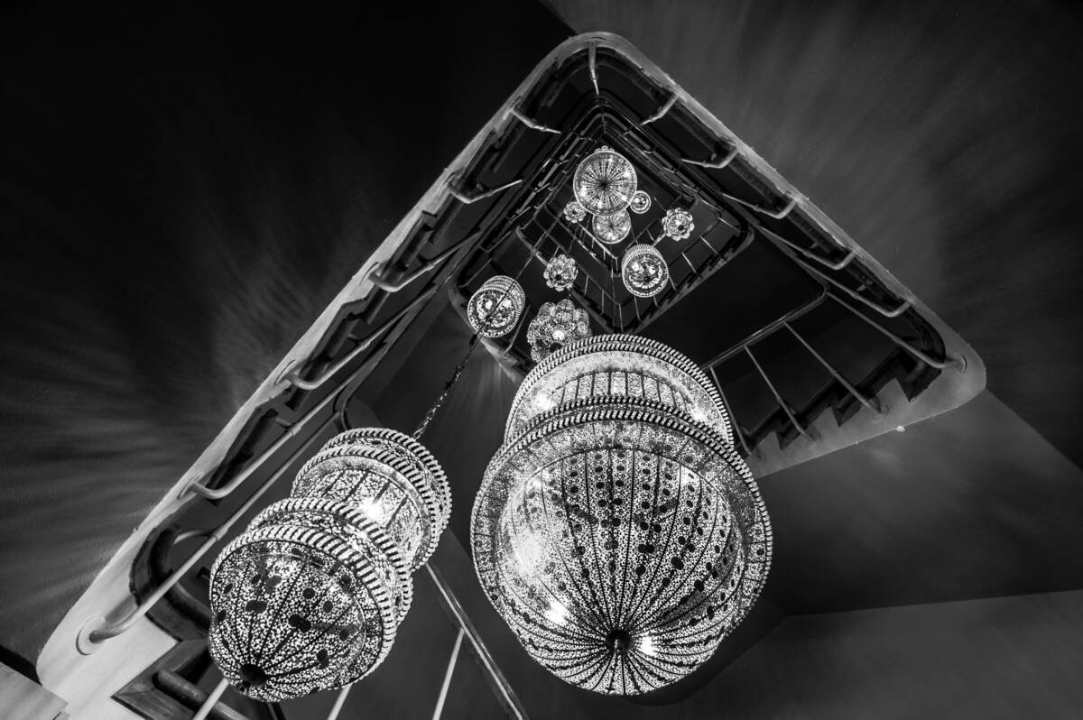 Staircase, chandeliers - Hotel Bazaar, Rotterdam, Netherlands.
