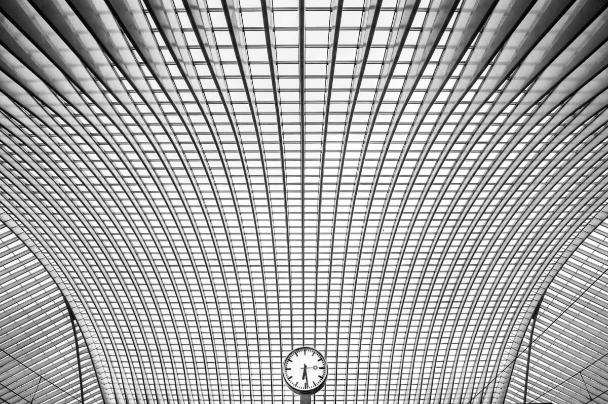 Swiss Modernist station clock, Liege-Guillemins Railway Station, Belgium
