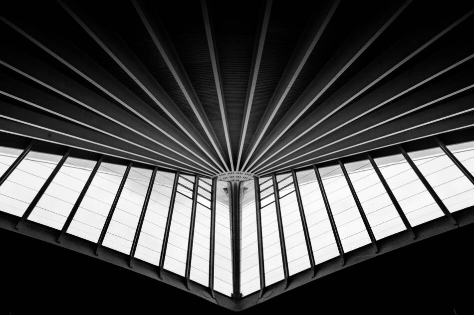 Abstract black and white photo of Bilbao Airport’s ceiling –  designed by Santiago Calatrava