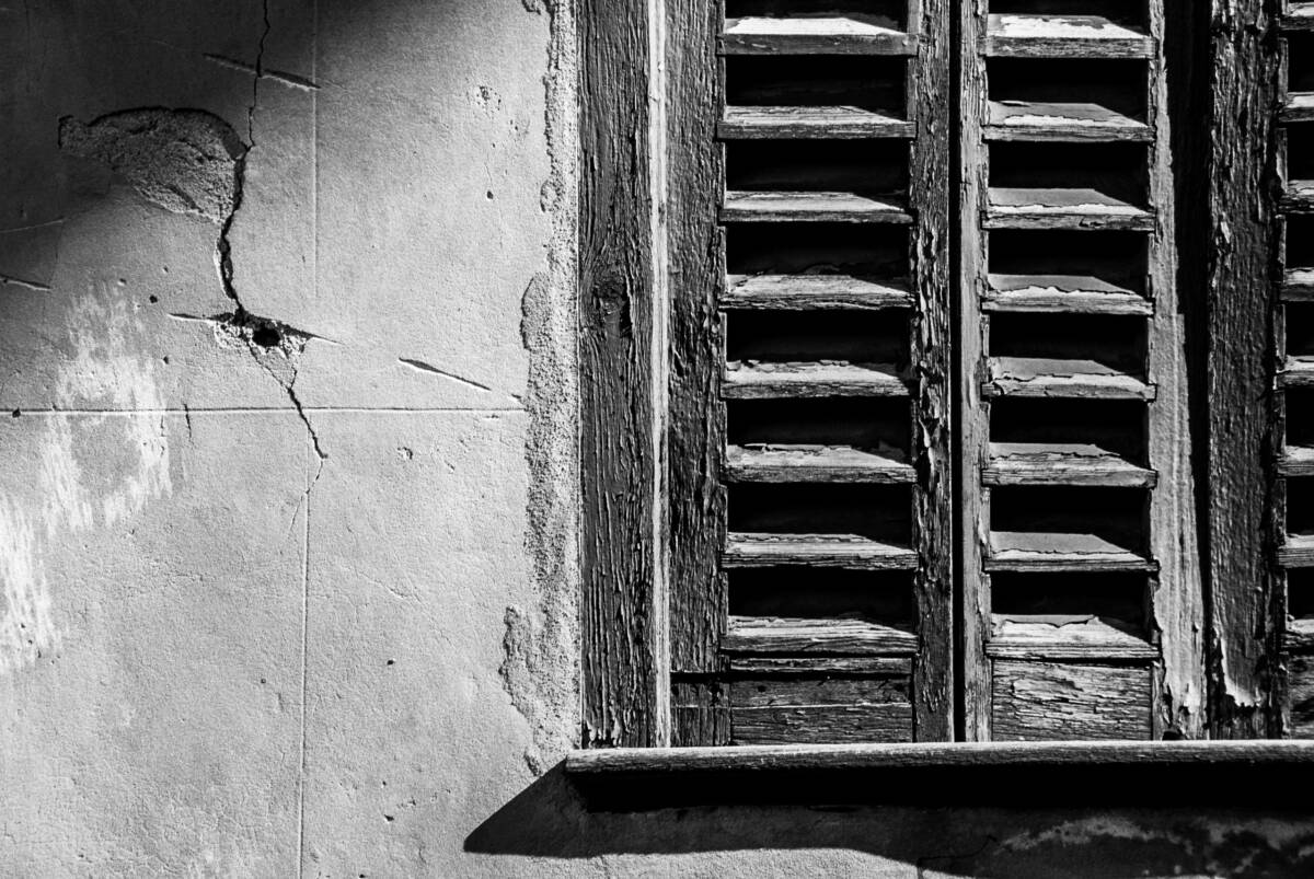 Detail of wooden window blind, Soler, Majorca, Spain
